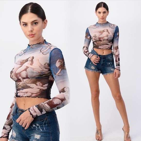 Mesh crop cherub print long sleeve top - Picture 3 of 7